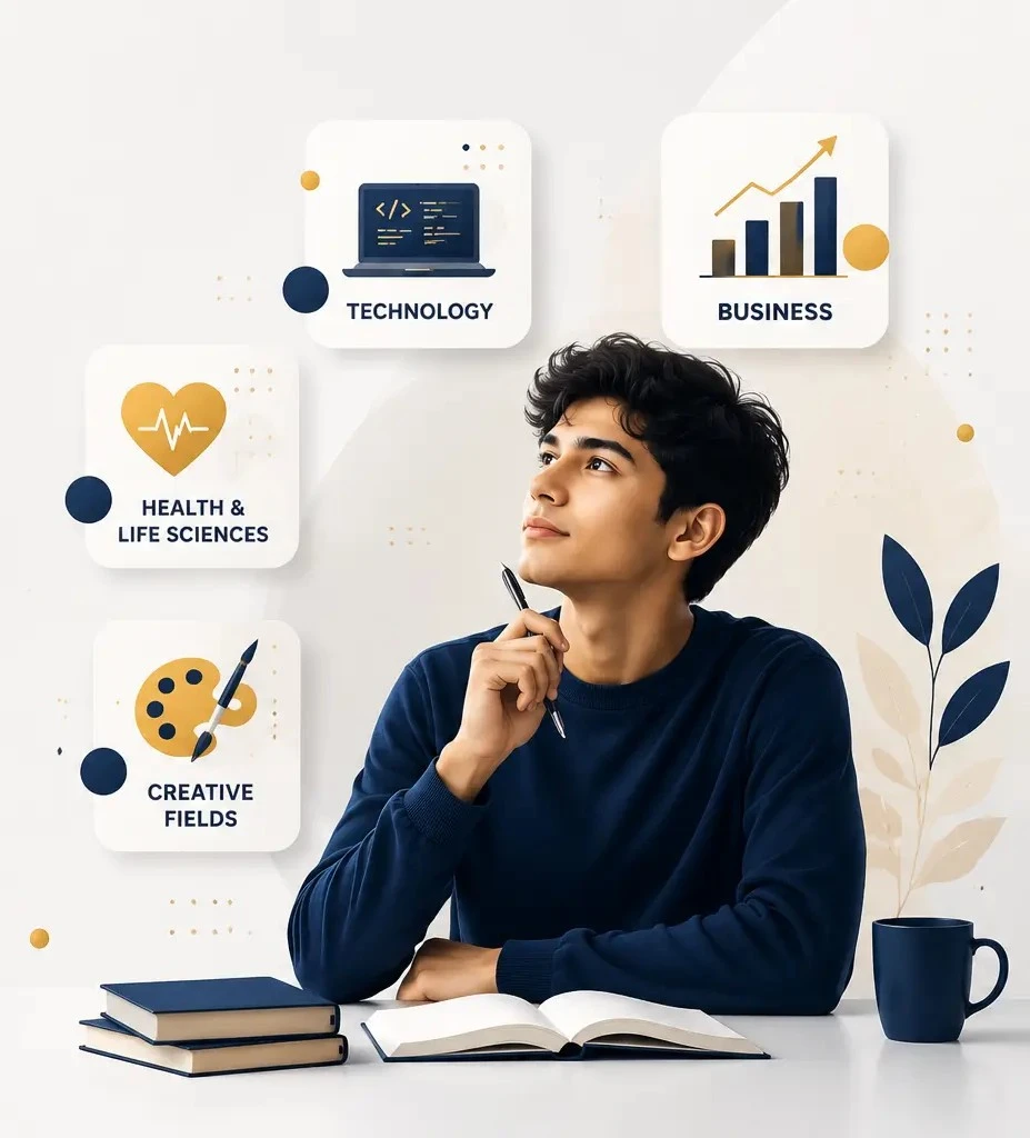 Bay Scholars career discovery illustration showing a student exploring different career fields including technology, business, health, and creative fields before choosing a subject and university.