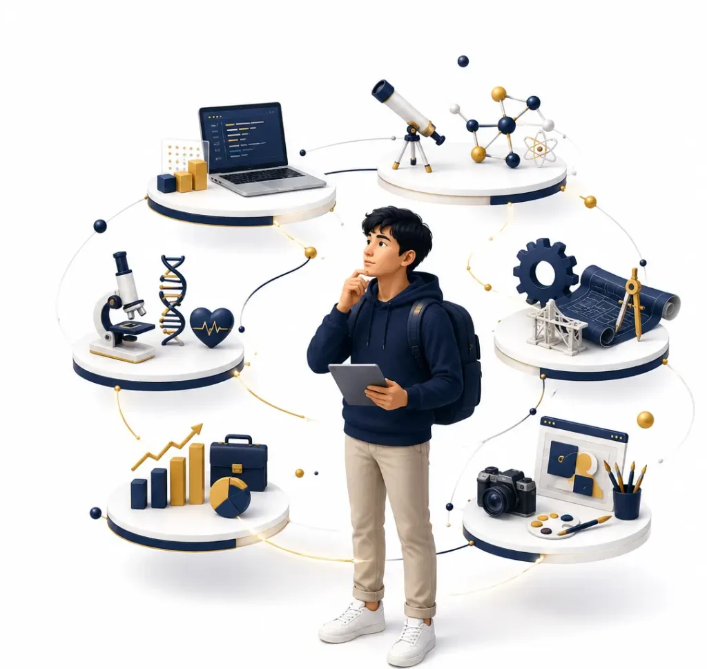 Student exploring different subject areas including technology, science, health, engineering, business, and creative fields.