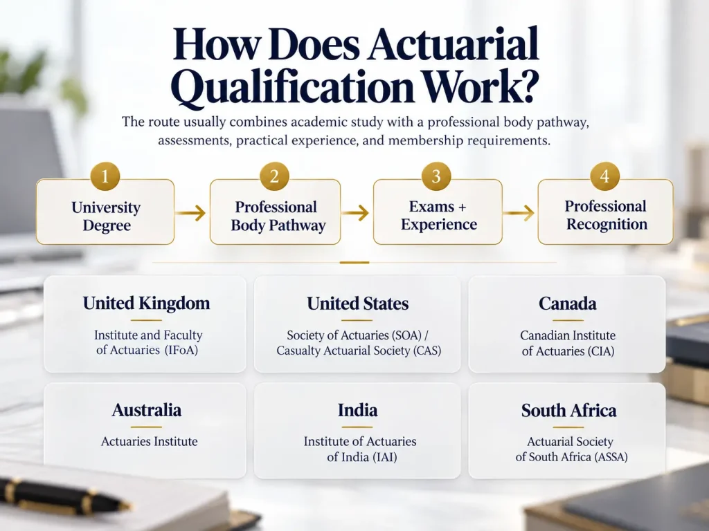 Infographic showing how actuarial qualification works through a university degree, professional body pathway, exams and experience, and professional recognition, with examples from the United Kingdom, United States, Canada, Australia, India and South Africa