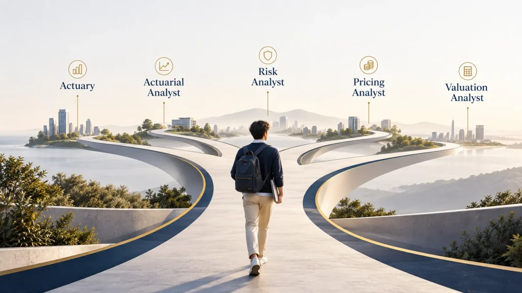 Student walking along a pathway that branches into different Actuarial Science career directions including actuary, actuarial analyst, risk analyst, pricing analyst and valuation analyst