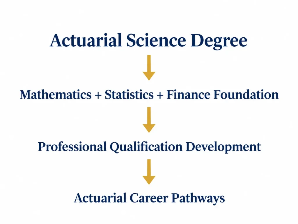 Actuarial Science education pathway showing an actuarial science degree, mathematics statistics and finance foundation, professional qualification development and career pathways