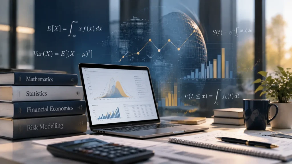 Actuarial Science concepts represented through risk modelling, statistics, mathematical formulas and financial analysis
