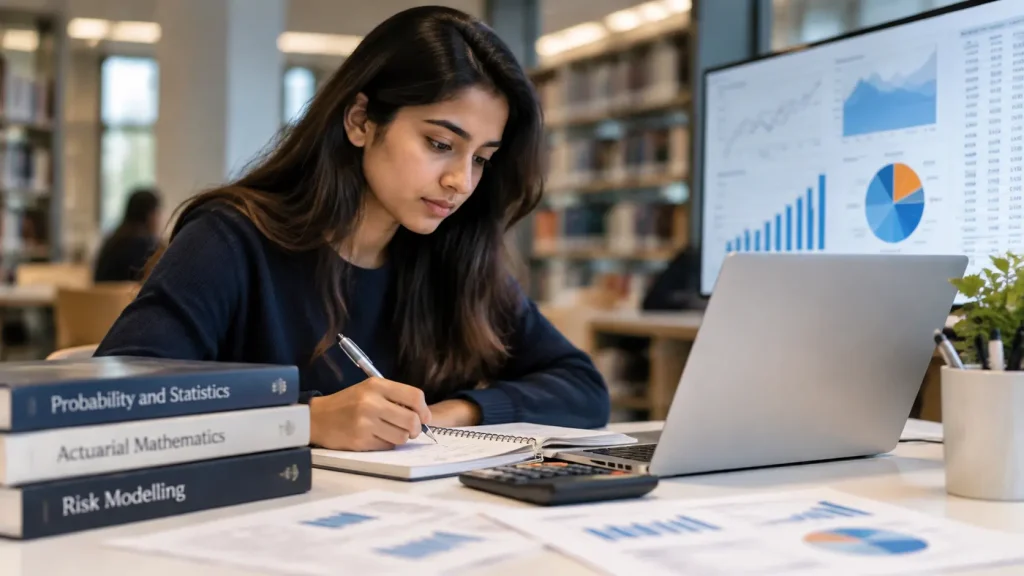 Student studying Actuarial Science with mathematical models, statistics and data analysis materials