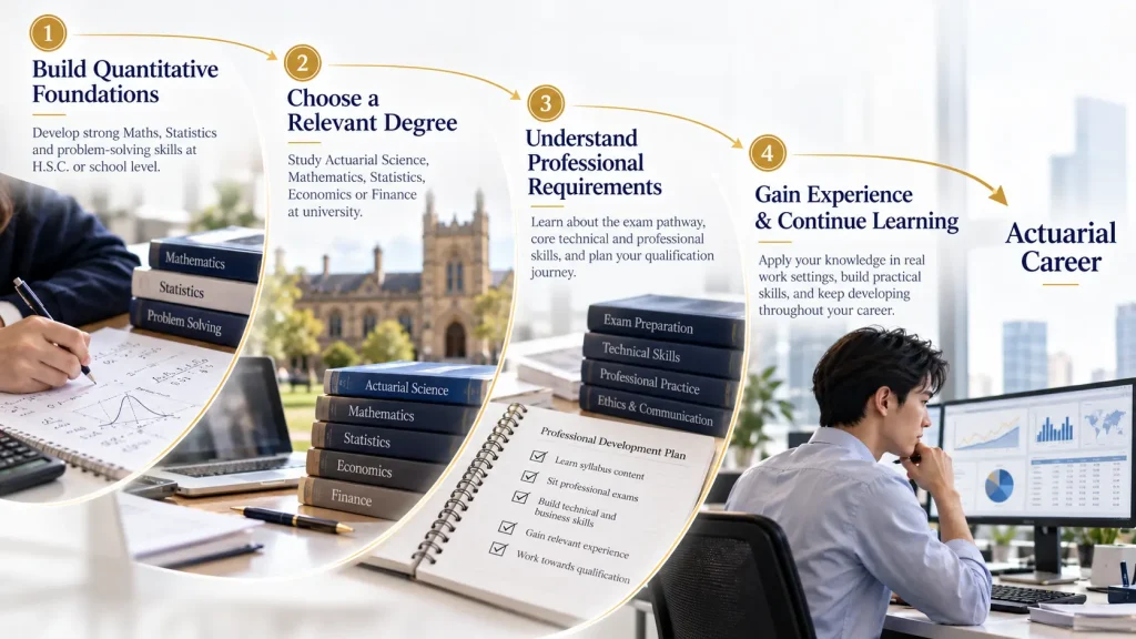 Actuarial career pathway showing quantitative foundations, relevant degree choices, professional requirements, experience and progression toward an actuarial career