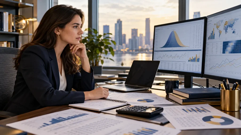 Professional actuary analysing charts, risk models and financial data in a modern office