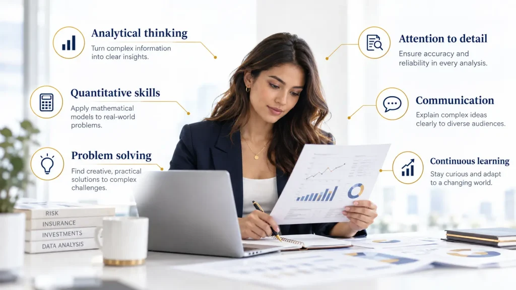 Actuary analysing financial data with a skills framework showing analytical thinking, quantitative skills, problem solving, attention to detail, communication and continuous learning