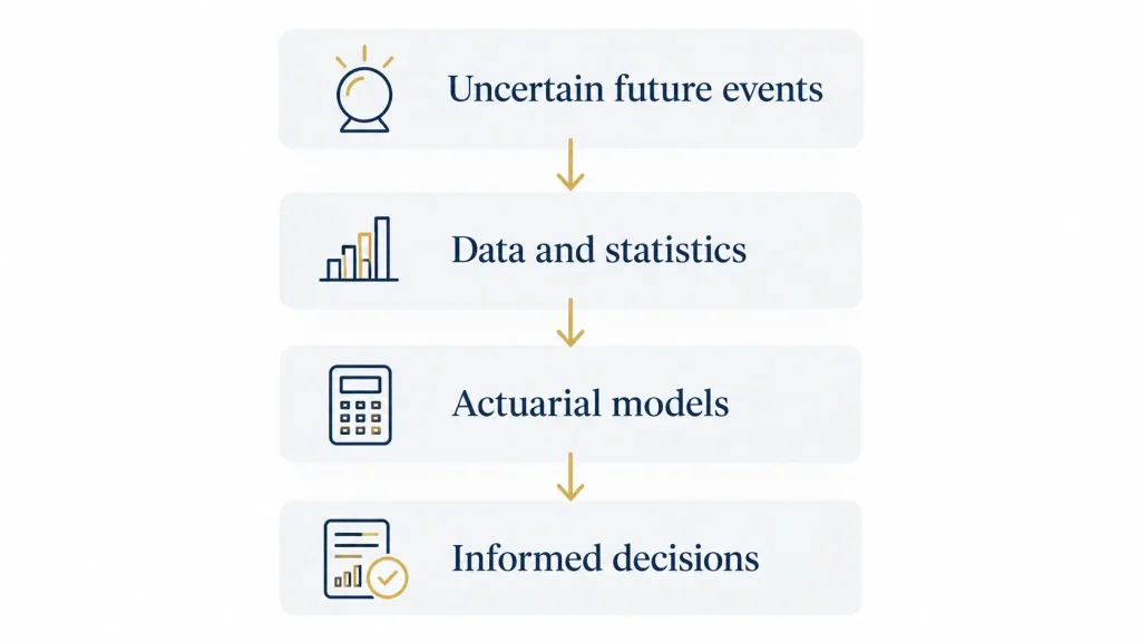 Actuary work process showing risk analysis, data modelling and decision support