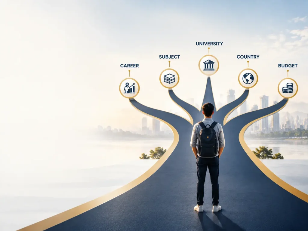 A student standing at a pathway showing career, subject, university, country and budget decisions in the Bay Scholars career-first education approach