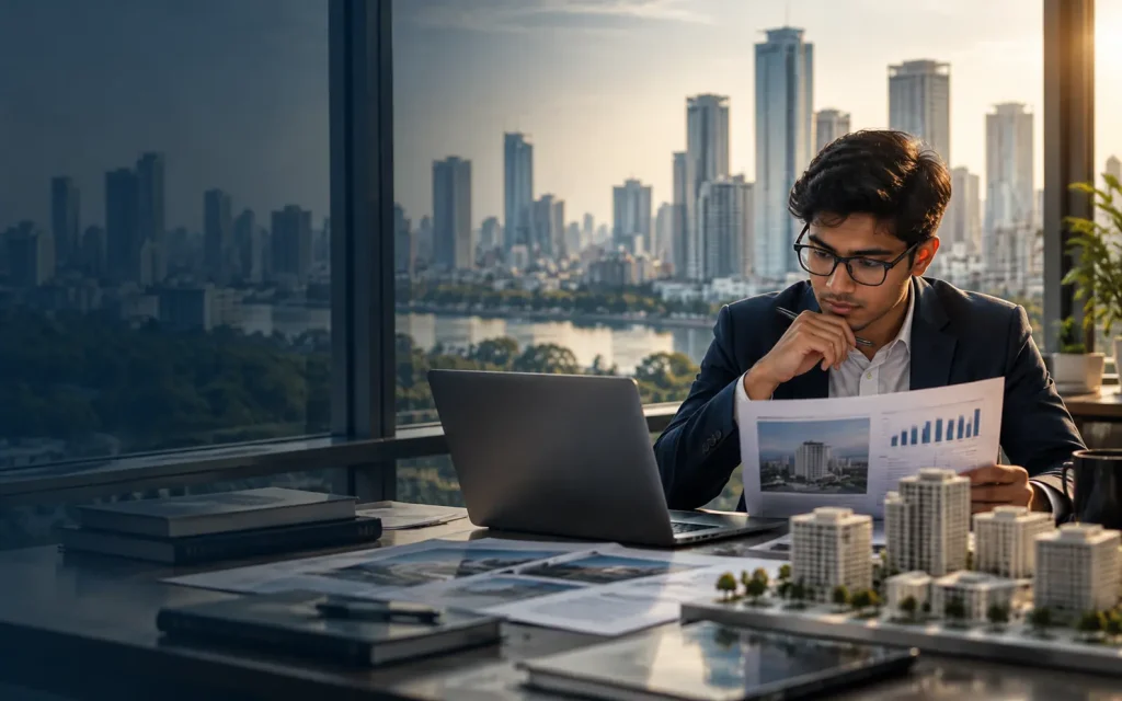 A young professional analysing commercial real estate investment information with property models, financial charts and urban development data in a modern office environment.
