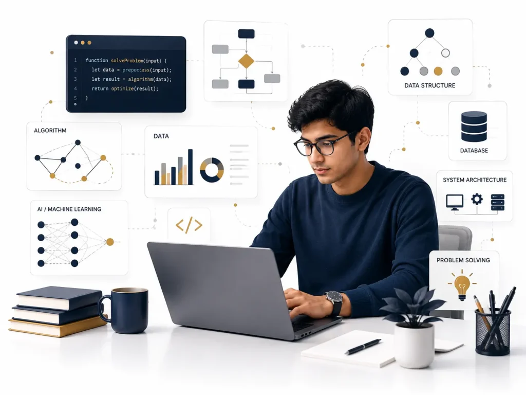 Student exploring computer science concepts including programming, data, algorithms, artificial intelligence, and digital systems.