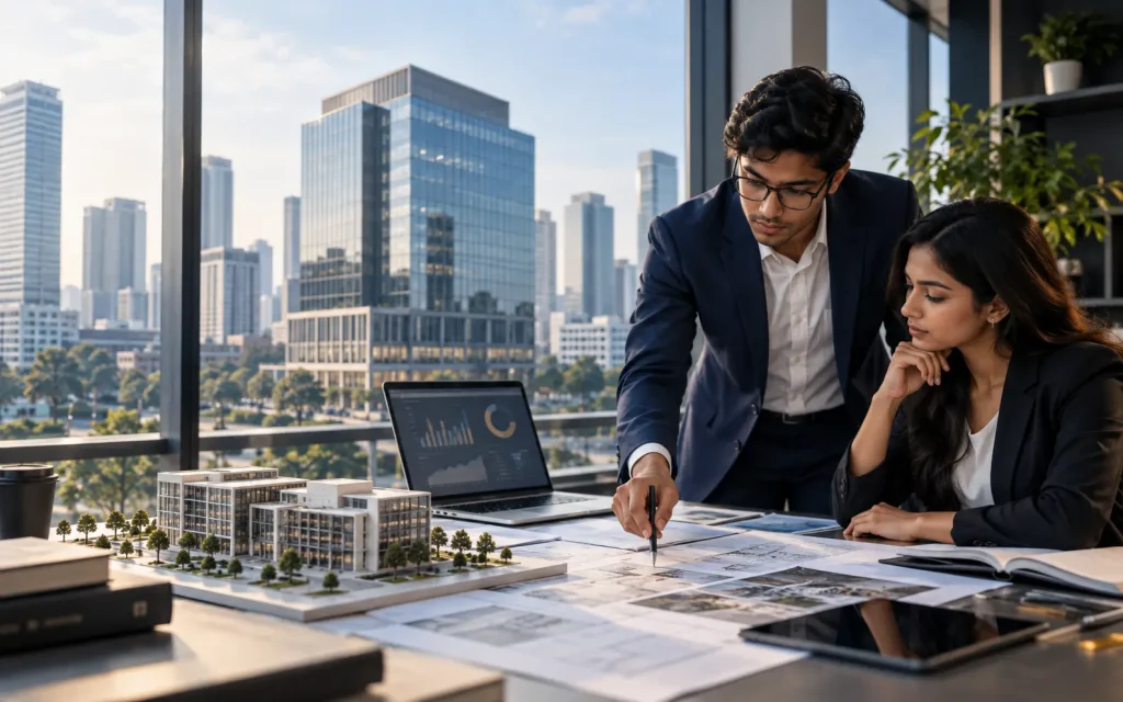 Professionals analyzing a commercial property using architectural plans, a building model and financial charts.  