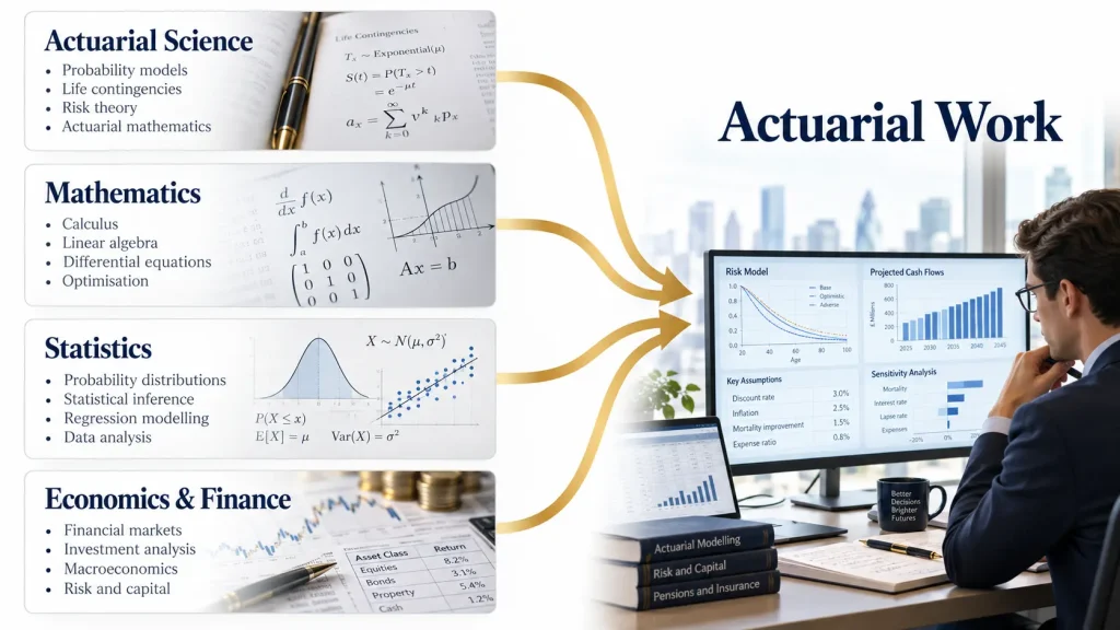 Visual showing Actuarial Science, Mathematics, Statistics, and Economics and Finance connecting toward actuarial work